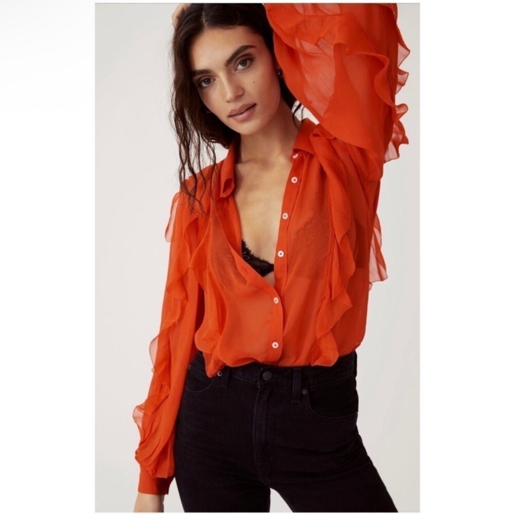 Maeve Anthropologie Orange Ruffled Long Sleeve Blouse